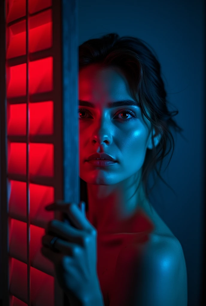 A front blind being held by a woman, her face appears a little tilted she has a serious face, a red and blue light hits each side of his face