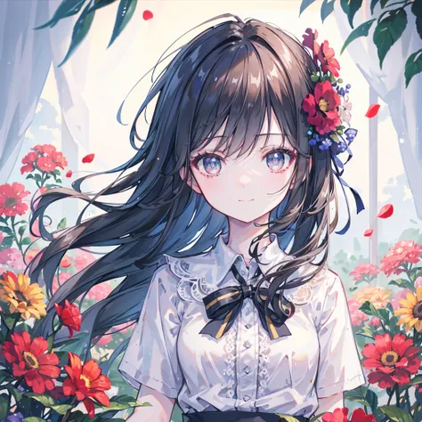 Medium field of view, Medium shot, Depth of Field, Break, Upper body, Movie Angle, masterpiece, , Very detailed, CG, 8k wallpaper, Beautiful face, Delicate eyes, Girl, Solitary, Smile, Bangs, skirt, shirt, have, skirt, bow, petal, bouquet