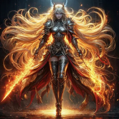 Create a hyper-detailed, hyper-realistic digital art piece depicting a fearsome Gothic Chaos Warrior Queen with bright blue eyes. She wears a shiny emblem, Gothic armor, and a flowing kimono. Her supernatural superpower is fire. Her long, flowing blonde ha...