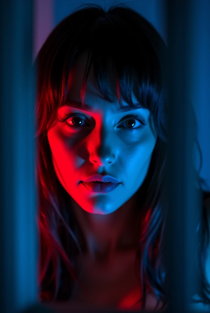 A front blind being held by a woman peeking in, her face appears a little tilted she has a serious face, a red and blue light hits each side of his face