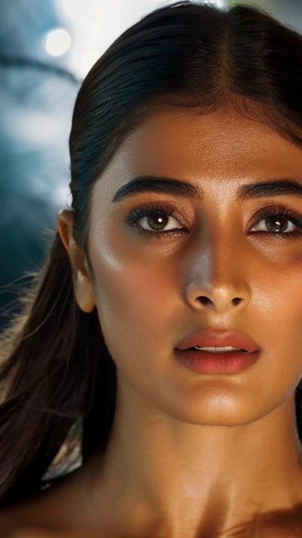  photo of  ( Pooja Hegde ) in Hellblade: Senuas Sacrifice, emerging from a beautiful pond, long hair, horny expression, dirty face, finely detailed eyes,  bikini clothesrevealing her cleavage and navel,epic scene, epic composition, Photography, Cinematic L...