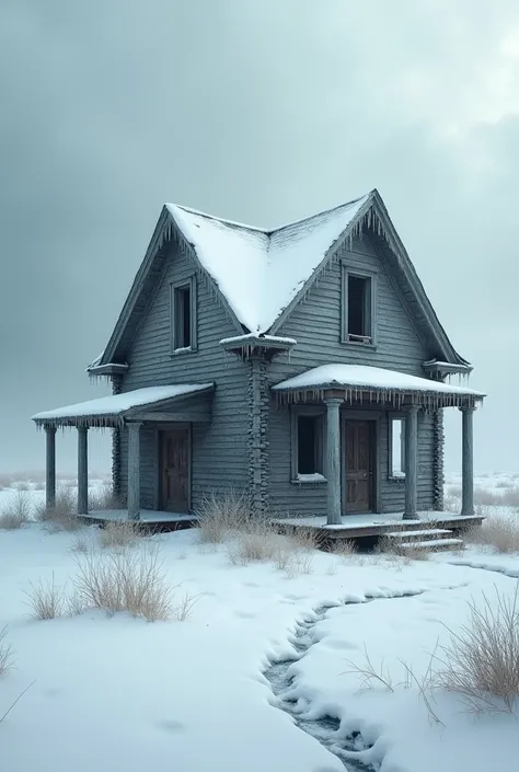 A ruined and destroyed cabin in the middle of a snow storm
