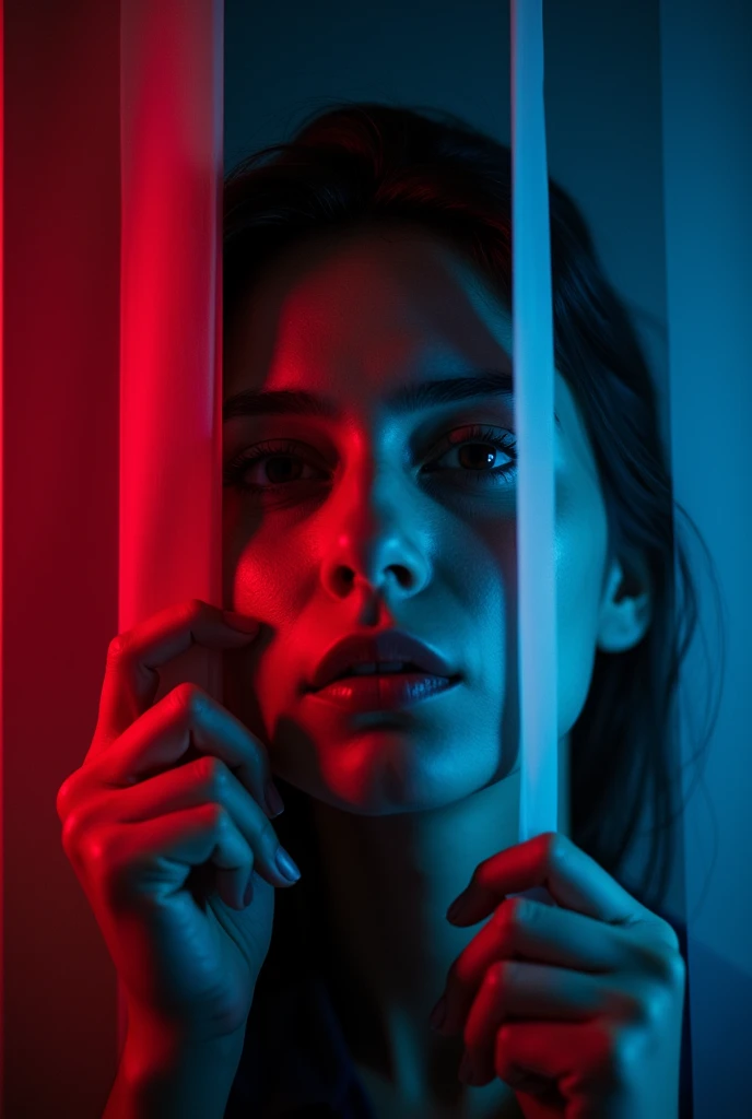 A front blind being held by a woman peeking in, her face appears slightly tilted upwards she has a serious face, a red and blue light hits each side of his face