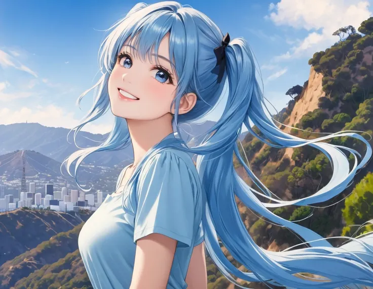 Light blue long hair、Beautiful girl with twin tails、actress、Smiling and looking up at the Hollywood sign on top of a mountain、blue sky、