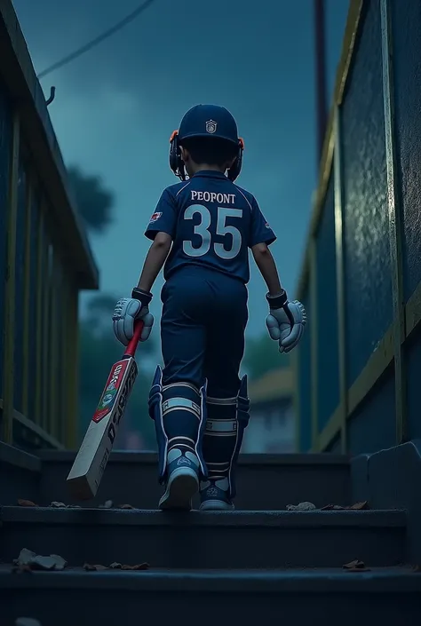 A boy wearing 35 jersy number t-shirt and also wearing cricket helmet and bat in his hand upping stairs from backside in night
