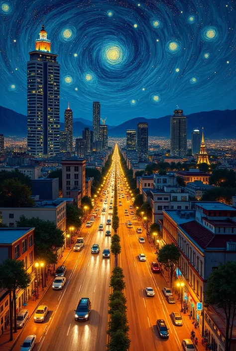 Realistic landscape of Mexico City at night. Van Gogh style