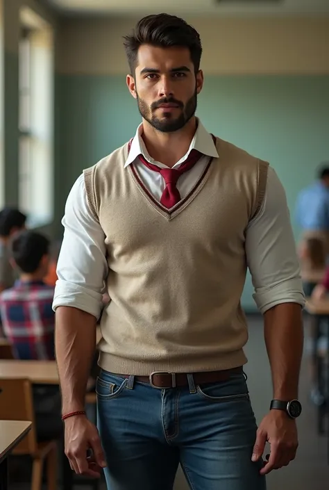 Masterpiece handsome arabe muscular man, perfect face, strong and muscular legs, big bulge in jeans, white oxford shirt with red tie, and v-neck sweater, great detail 8k great sharpness, bulging crotch real  en una escuela (backside, big Bubble butts ) sue...