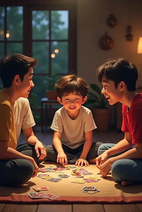 create a teenage boy and three adult korean men sitting on the floor playing uno