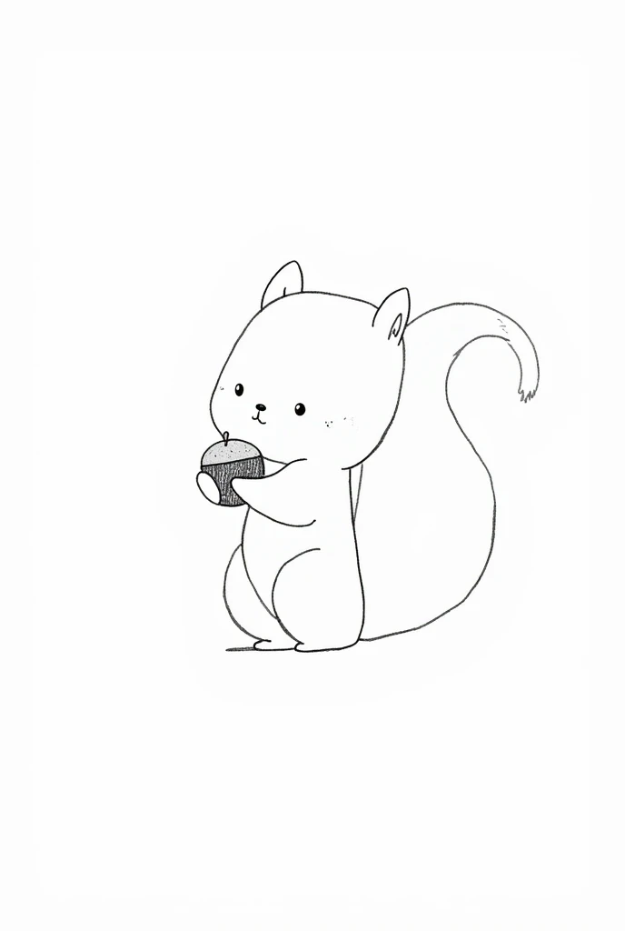 little squirrel holding acorn, cute face, big chestnut. simple drawing, not what, 1 stroke, black and white, signature form
