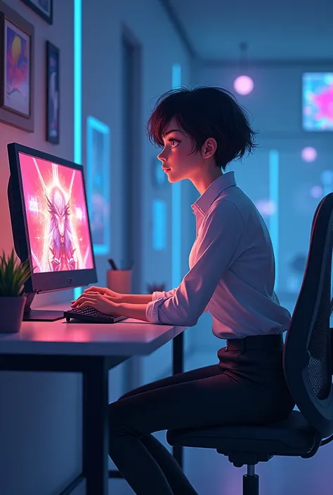 2d anime mature  character seating infornt of computer,playing game, motion blur, fluid art, 