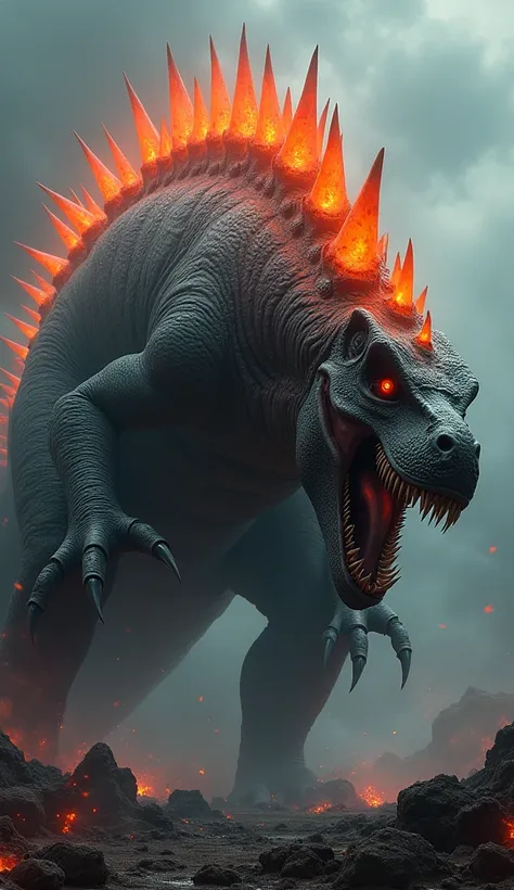 Nuclear reacted dinasaure.huge creature.aggressive.destroyer.has spikes on his back.sharp teeth.claws.full body.side view.has neon orange spikes