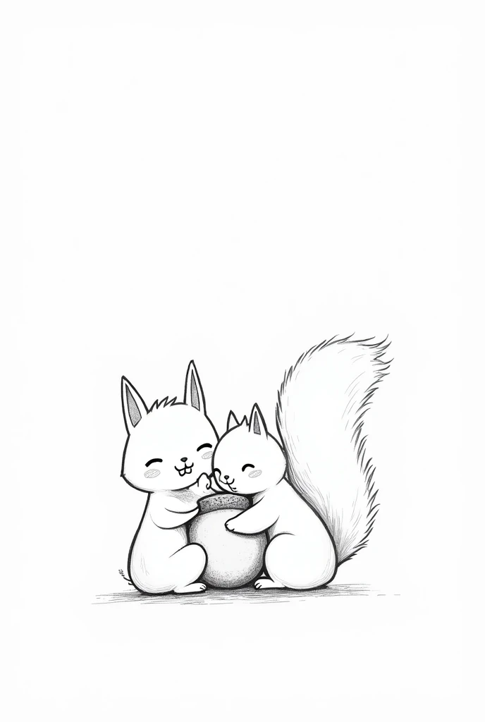 A family of little squirrels hugging nuts, cute face, big chestnut. simple drawing, not what, 1 stroke, black and white, signature form
