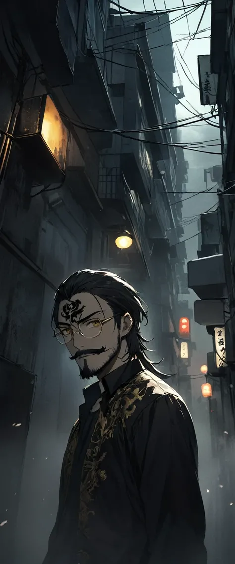 Anime Style。(((One personで: 1.2))),Alley in the fog。Glasses。Bust Shot。dutch angle shot。medium shot。Gold decoration。Thin young man in a black silk shirt。Nihilistic smile, mustache, beard and long hair。He has a black tattoo on his forehead。Golden Eyes。One pe...