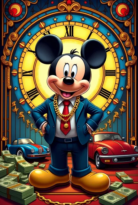 Millionaire Mikey Mouse Round Wall Clock, with gold chains, bills and luxury cars, stained glass style