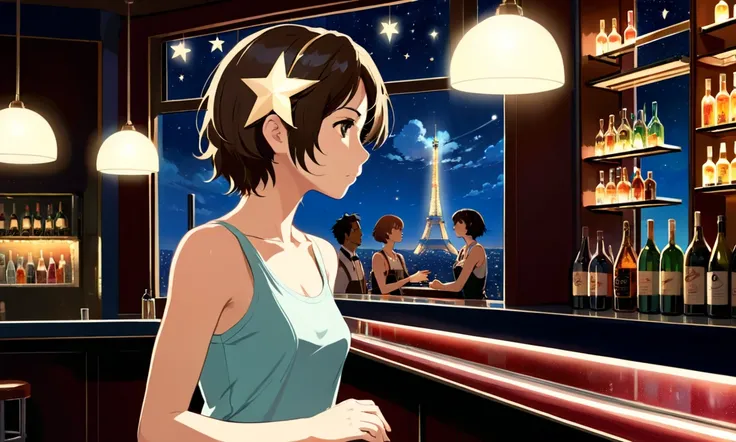 Uses Makoto Shinkai&#39;s depiction perfectly,Portrait of Diva Cassel,8k 4k masterpiece photo ,Paris,A jazz bar with a glass ceiling,The twinkling stars can be seen through the glass windows.,It&#39;s a dark night outside,Jazz is playing,Close-up of profil...