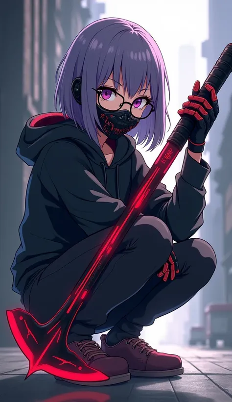 A girl with glasses, shoulder-length hair, light purple hair, in gloves without gloves covering her fingers, wearing a black sweater with a hood covering her head, wearing a high-tech mask covering her mouth, squatting, holding a large red and black sickle...