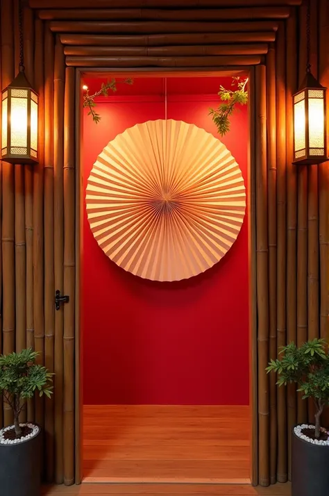 Combine paper fan, lantern, bamboo and door frame to create Vietnamese style photobooth. Paper fan is placed in the middle and divided into small pieces. Lantern is combined with bamboo on both sides of the door frame, divided into 2 sides, two on each sid...