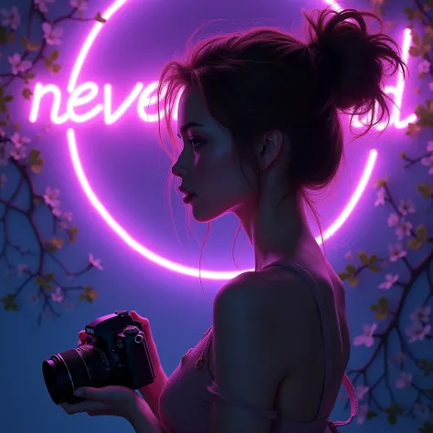 A goddess in a brown messy hairbun, holding a camera. In front of a neon light sign (purple and blue) that says:  "Nevermind". 