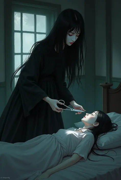 "An eerie depiction of Kurokamikiri (Black hair cut), a female yokai from Miyazaki Prefecture. She appears as a beautiful woman with long, jet-black hair, holding a pair of old-fashioned scissors. Her expression is cold and emotionless, as she sneaks throu...