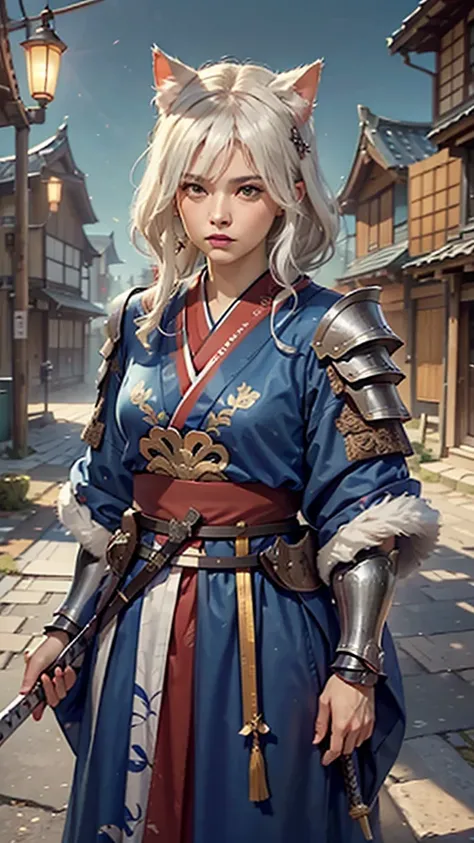 c4ttitude, Beautiful Woman caftan marocain full dress portrait hyper realistic super detailed, white hair, vigilant, Yeux en amande, furrowed brow, fourrure lisse, guerrier, disciplined, focused, Armored kimono, Guarded cover, acier, pattes griffues, Katan...