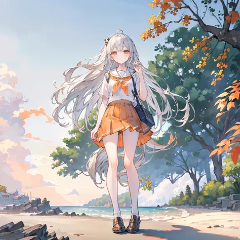 ((masterpiece)), (()), ((high resolution)), ((Extremely detailed CG unity 8k wallpaper)), Solitary, Orange, Tan school uniform, Black skirt, White socks, outdoor, Face, Downy hair, beach, Separated hair, Silver Hair