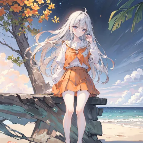 ((masterpiece)), (()), ((high resolution)), ((Extremely detailed CG unity 8k wallpaper)), Solitary, Orange, Tan school uniform, Black skirt, White socks, outdoor, Face, Downy hair, beach, Separated hair, Silver Hair