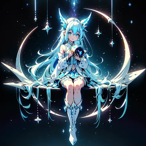 Sitting on a crescent moon、A spaceship with a cute rabbit face、Star Fairy、(((1 person)))、Perfect Anatomy、Lower Body Shot、Focus on the boots、vtuber-half、Star Fairy、「Beautifully printed galactic kimonos and goth outfits。、Space print ruffled box pleat mini sk...