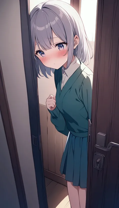 A beautiful shy anime girl at the door Blush, 