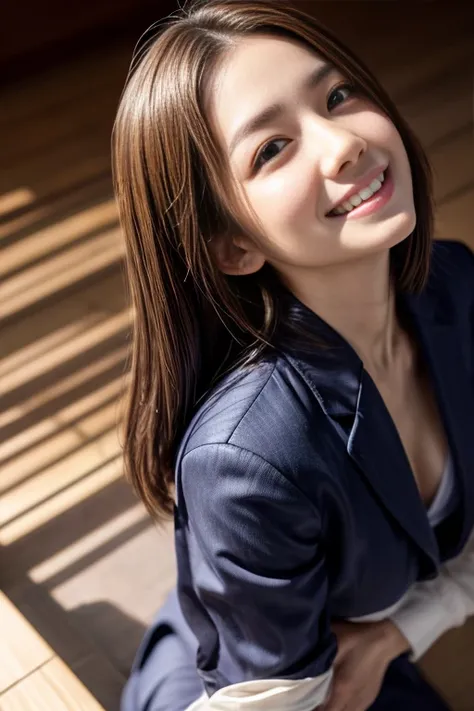 Tabletop, Highest quality, Realistic, Very detailed, finely, High resolution, 8k, Cinema Lighting, 1 person, Beautiful Japanese Women, 30 years old, light brown straight bob hair, Wear a business suit, (Blurred Background, indoor, noon, Light of the sun), ...