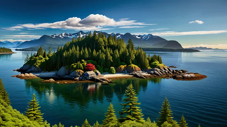 An ultra-high-definition, highly detailed and realistic image of Canadas breathtaking Sunshine Coast. The scene features a vast, calm blue sea under a bright blue sky with scattered white clouds. In the distance, the beautiful Vancouver Island is visible a...