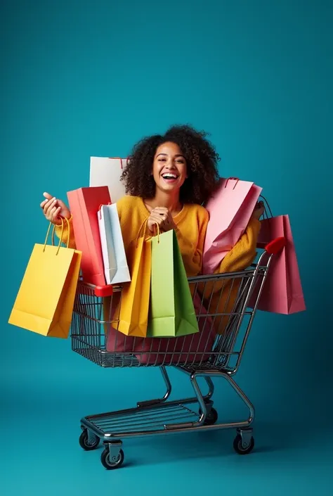 Woman inside a shopping cart with shopping bags in her hands happy with dark blue background 
 