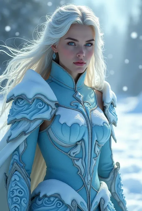 real photo ready. 4k, Fierce woman, long hair and silver ice cream, bright blue eyes, wearing ice-themed armor with ice crystals, blur the background to create a three-dimensional effect, atmosphere, standing on a frozen battlefield, pale smooth skin, flow...