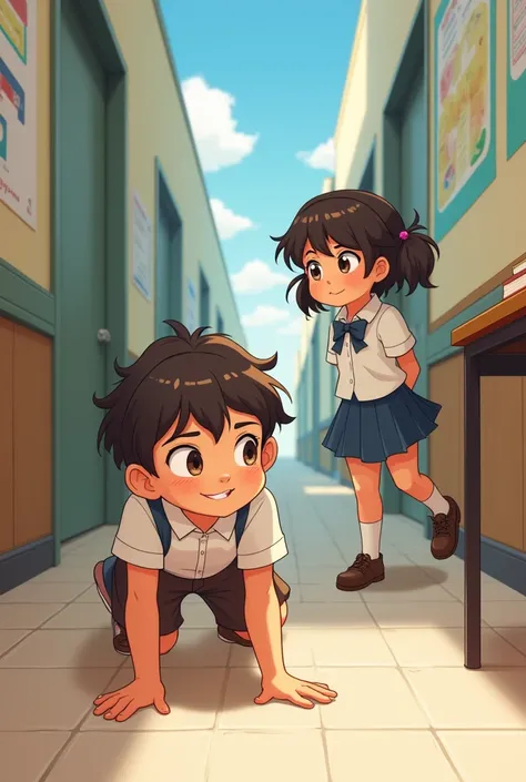 Boy acting like a dog and walking on all fours in front of a girl in school uniform