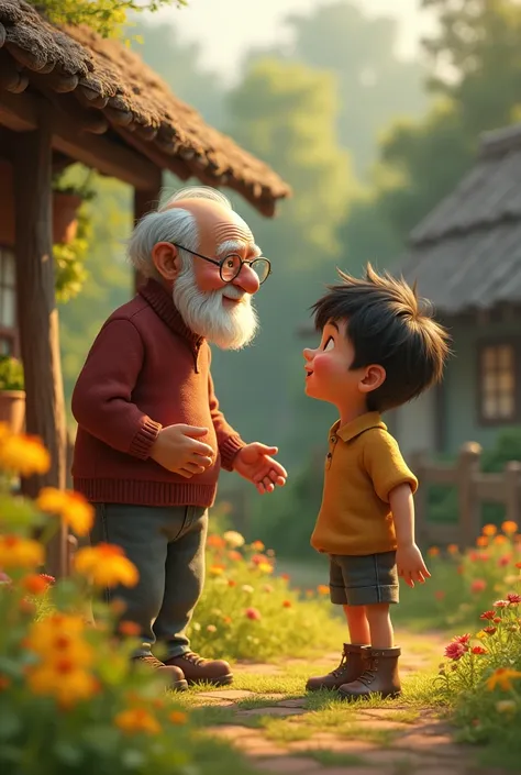 grandfather and grandson talking), picturesque village house, (lush green nature), warm sunlight illuminating the scene, serene atmosphere, joyful expressions, detailed facial features, cozy setting, colorful wildflowers, wooden fence, 4K ultra-detailed, h...