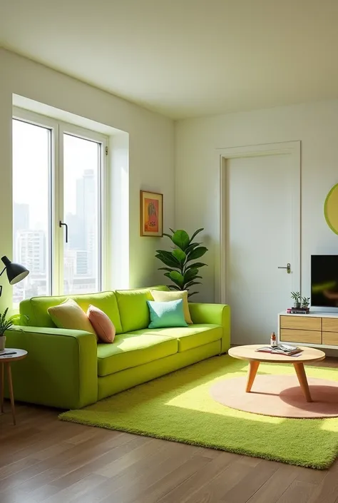 lime green couch in modern luxury art deco apartment. window to right of couch. door to right of couch after window. circle area rug. lime green couch. oval coffee table. tv and credenza oppositeof couch white walls. moder art deco fun retro color pops. ma...