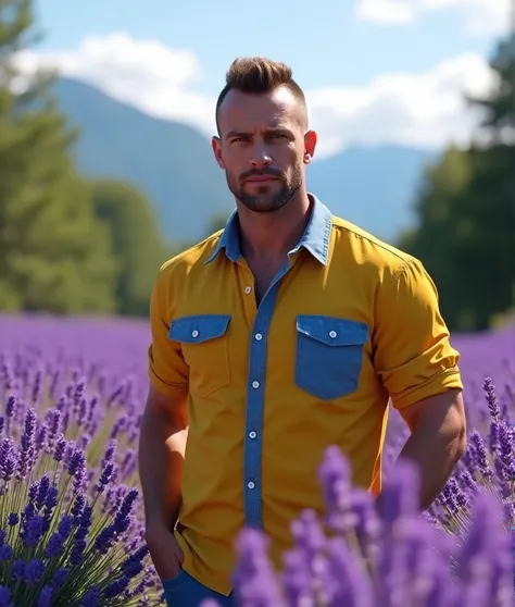 Realistic, handsome man 45 years , shaven face under cut hair wearing yellow blue shirt , strong and perfect shape, standing in front of purple lavender garden, trees and mountains on the background, bright morning sky, purple atmosphere 