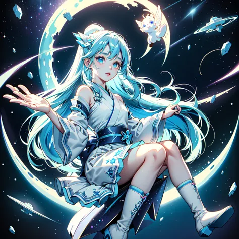 Ultra high definition、Highest detail、Sitting on a crescent moon、A spaceship with a cute rabbit face、Star Fairy、(((1 person)))、Perfect Anatomy、Lower Body Shot、Focus on the boots、vtuber-half、Star Fairy、「Beautifully printed galactic kimonos and goth outfits。、...