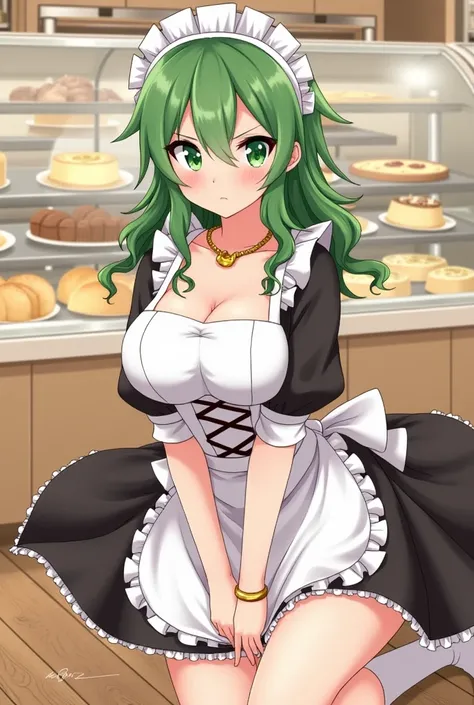 1girl, adult, green hair, wavy hair, bakery uniform, maid uniform, french maid, gold necklace, gold jewelry, big breasts, heavy breasts, nipples, spreading legs, legs up, pussy, pussy juice, dripping cum, orgasm, female , thick thighs, white socks, bread i...