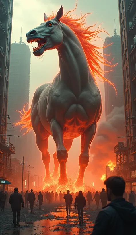 Nuclear reacted horse.huge horse.neon orange lines.destroying a city.agressive.crazy looking.