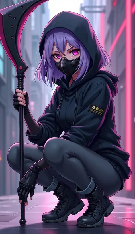 Girl with glasses, Shoulder length hair, Light purple hair, In gloves that do not cover the fingers, Wearing a black sweater with a hood covering your head, Wear a high-tech mask over your mouth., Squatting down, Holding a large red and black sickle in his...