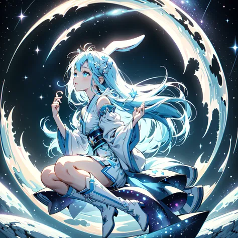 Ultra high definition、Highest detail、Sitting on a crescent moon、A spaceship with a cute rabbit face、Star Fairy、(((1 person)))、Perfect Anatomy、Lower Body Shot、Focus on the boots、vtuber-half、Star Fairy、「Beautifully printed galactic kimonos and goth outfits。、...