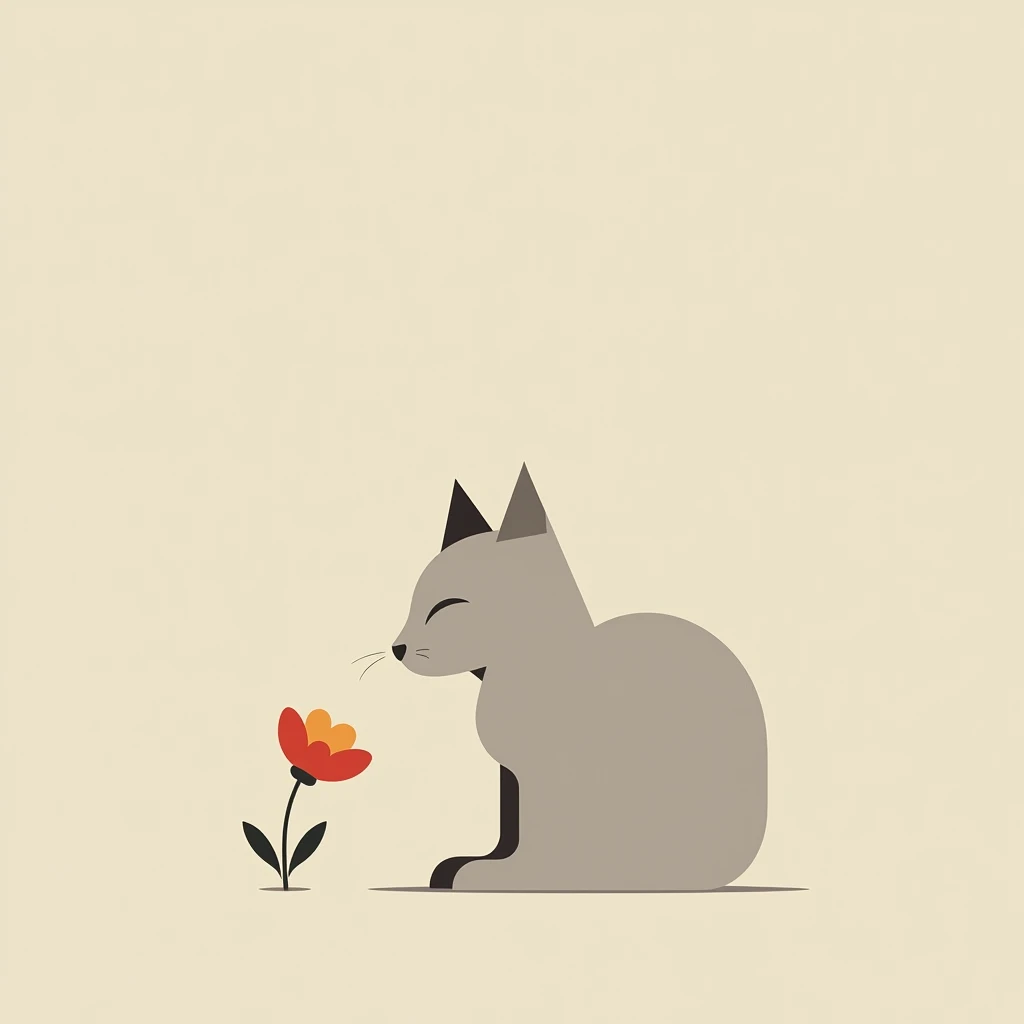 cat and flower, minimalist image, flat sense of touch, modernity style, simple, 