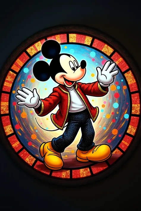 A painting for the wall, round containing Mikey Mouse dancing and dressed in Michael Jackson style , stained glass style