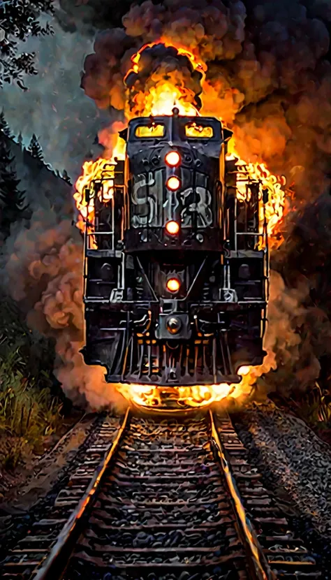 A masterful composition, gritty and realistic photo, a colossal and scary old  mechanized sentient locomotive robot running on a train track with legs, illuminating the night with flames and lights,  in a foggy valley, leaving a trail of smoldering coals, ...