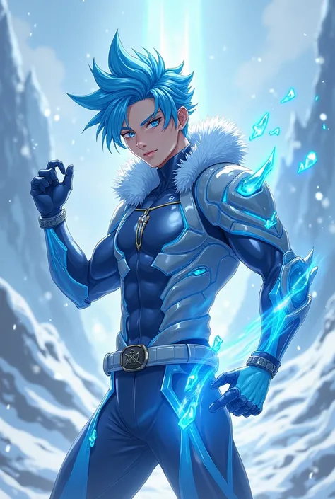 My user name is BIOFROST. GIVE ME COOL MALE AAVATAR RELATED TO MY NAME. ALSO WITH COOL POSE. In anime type.handsome boy. Stylish and fashion cloth.power,backgrounds, cloth should be related to ice.
