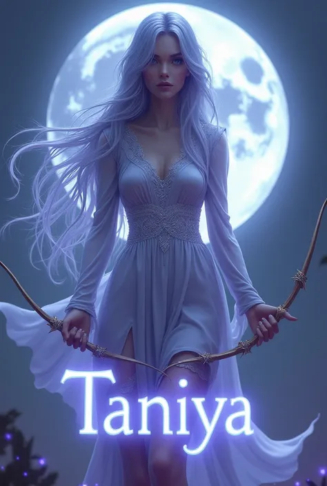 a fantasy scene of a mystical young woman with long, silver-blue hair, dressed in an intricate flowing silk lace mini dress. She holds a luminous bow and arrow in her hands. The moon glows in the background, casting a soft purple-blue light over the entire...