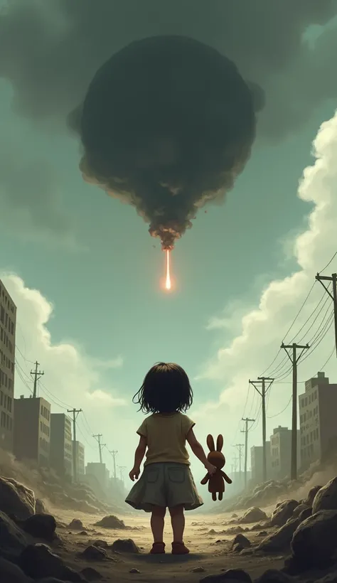 back view, A  looks up as a flying bomb descends from the sky, the child holds a stuffed rabbit in her right hand