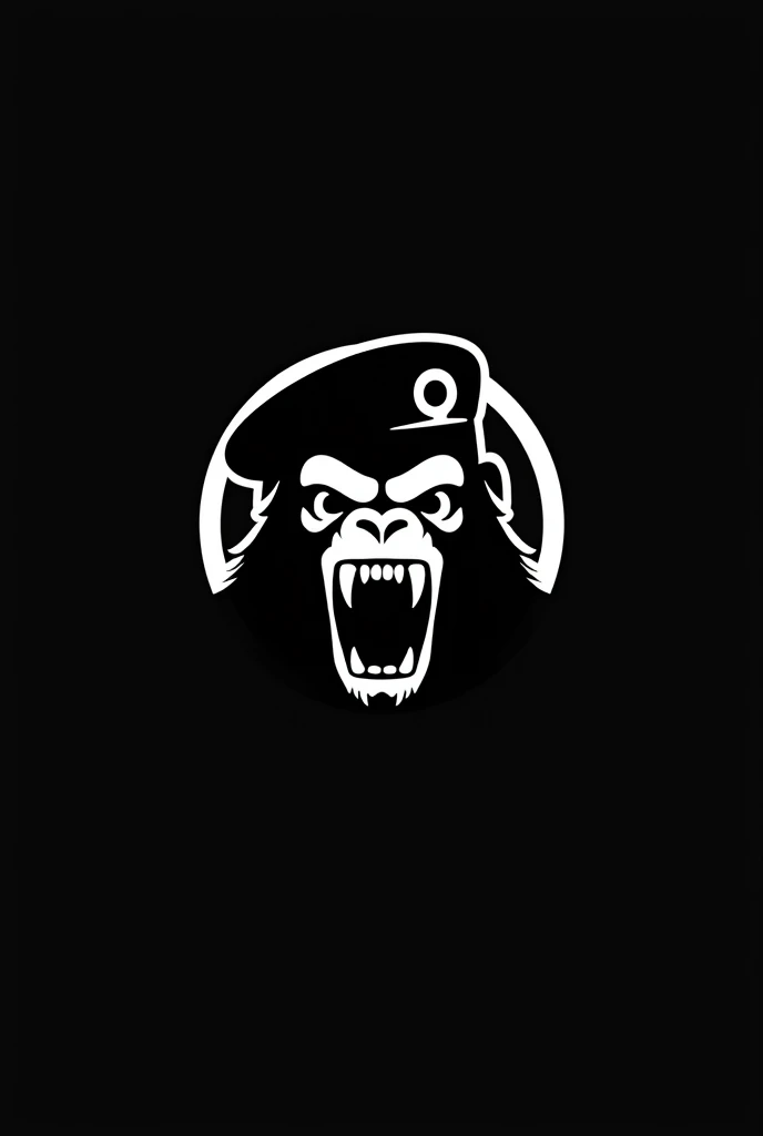 Create a minimalist circular logo, On a black background inside the silhouette of an angry ape showing its teeth,with military beret ,All the image is white and has a black background.