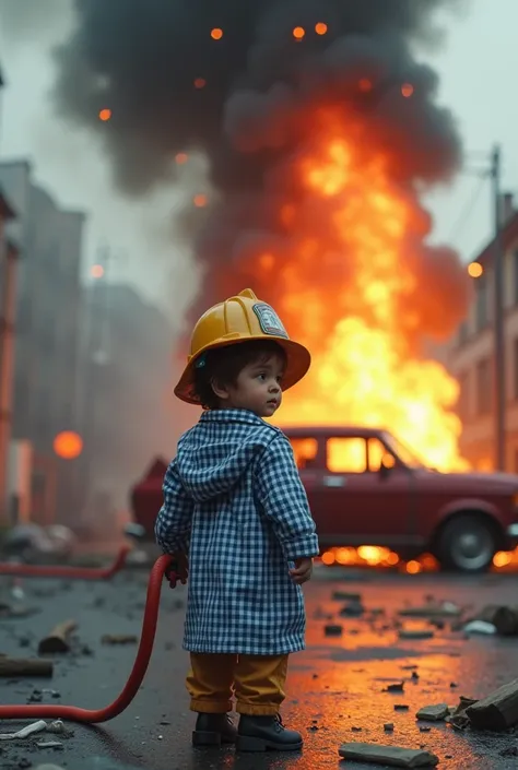 A kindergarten boy in his fine blue and white checkered smock with a fireman&#39;s helmet and a hose. Behind him a car bomb 