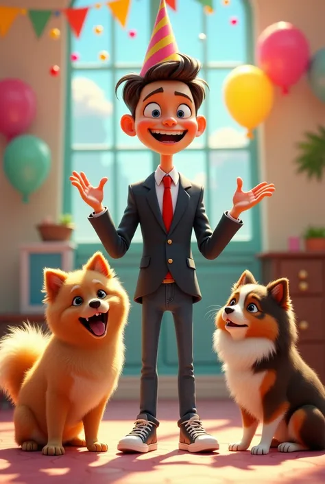 Make a birthday image with an animated person (skinny man and his clothes jeans and tennis but formal) and includes a Yorkshire terrier, brown and white pomeranian